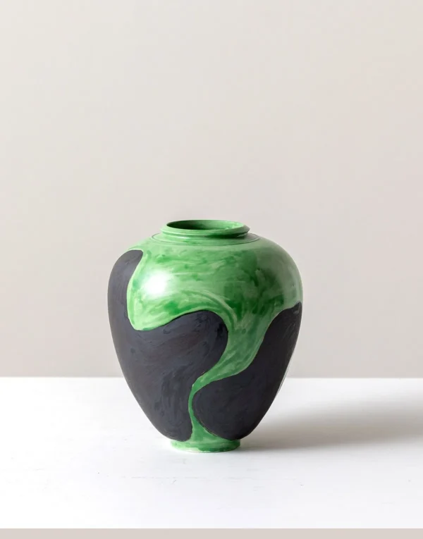 Hand-Painted Blurred Wash Ceramic Vases in Green or Bronze — in a room setting