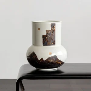 Hand-Painted Mountain Motif Cream Ceramic Vase in oatmeal — front view