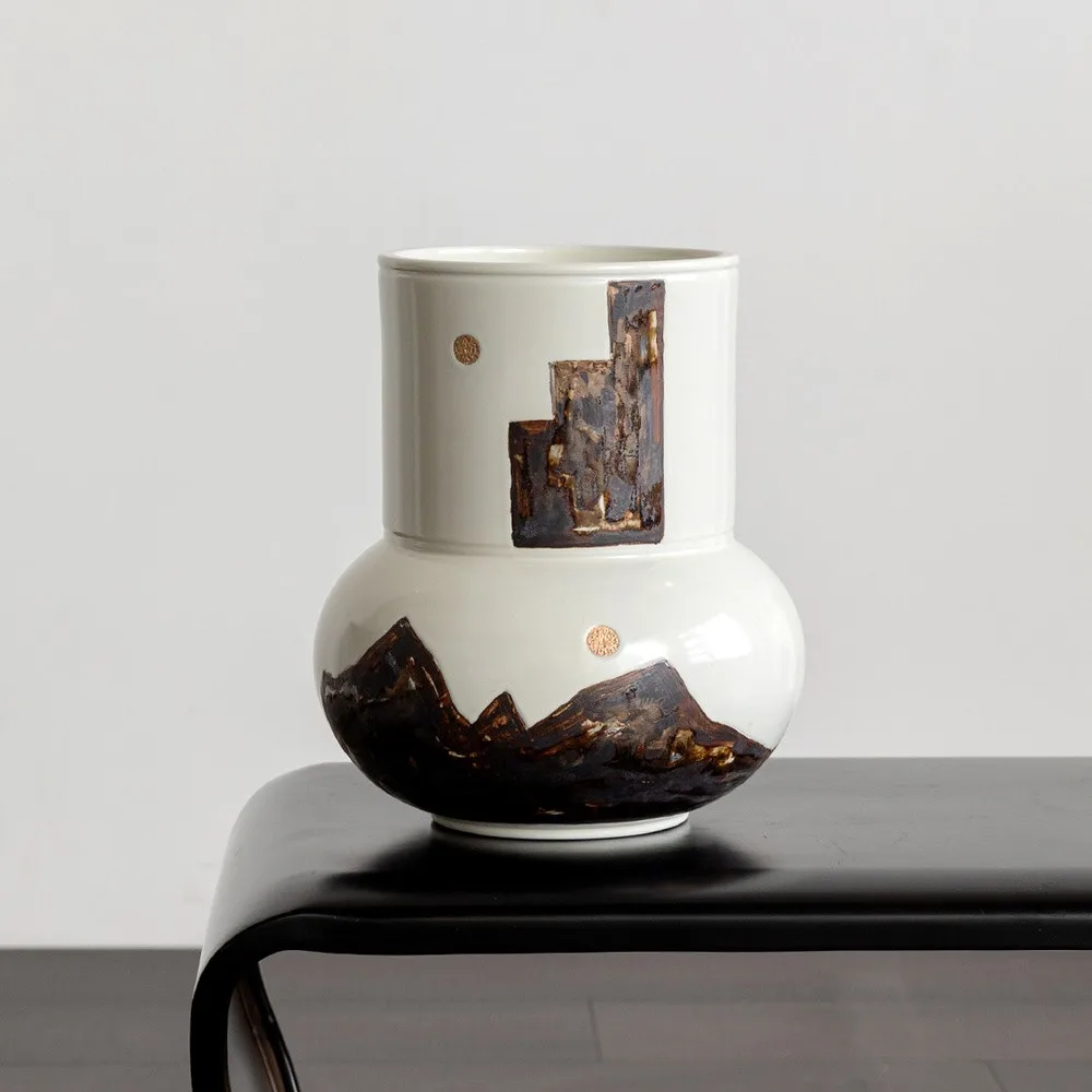 Hand-Painted Mountain Motif Cream Ceramic Vase in oatmeal — front view