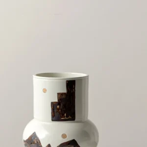 Hand-Painted Mountain Motif Cream Ceramic Vase in oatmeal — in a room setting