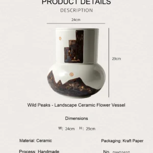 Hand-Painted Mountain Motif Cream Ceramic Vase in oatmeal — dimensions