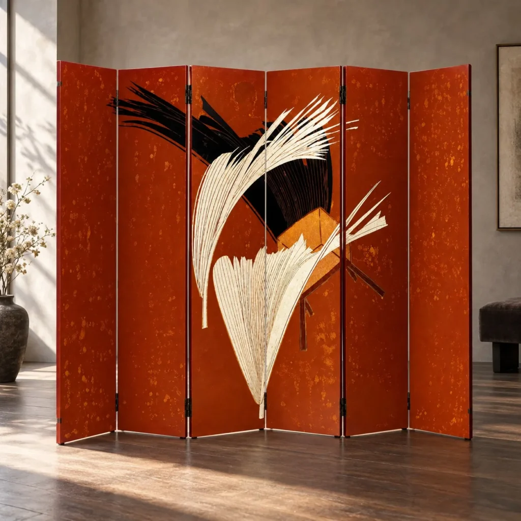 Red Lacquer Hand-Painted Folding Screen with Grasses in red — front view