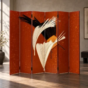 Red Lacquer Hand-Painted Folding Screen with Grasses in red — front view