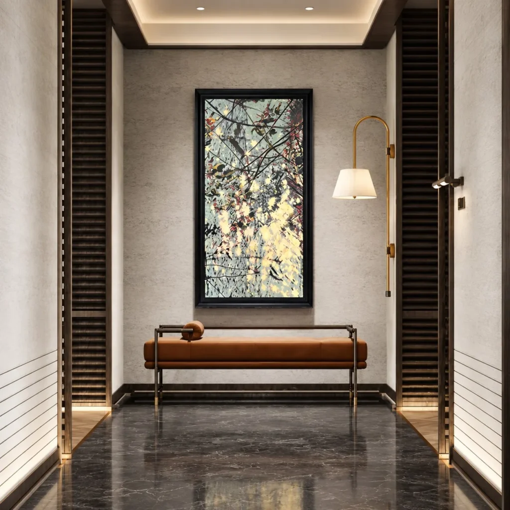 Tall Golden Foliage Abstract Wall Art in Black Frame — front view