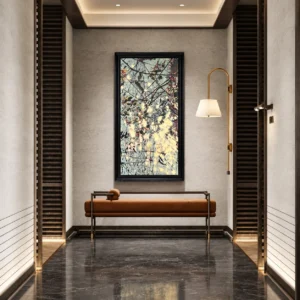 Tall Golden Foliage Abstract Wall Art in Black Frame — front view