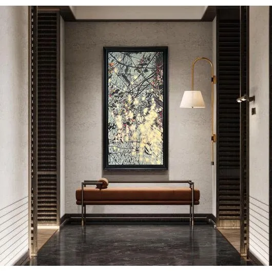 Tall Golden Foliage Abstract Wall Art in Black Frame — in a room setting
