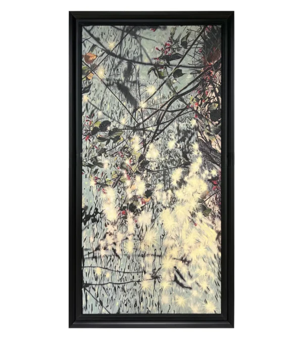 Tall Golden Foliage Abstract Wall Art in Black Frame — in a room setting