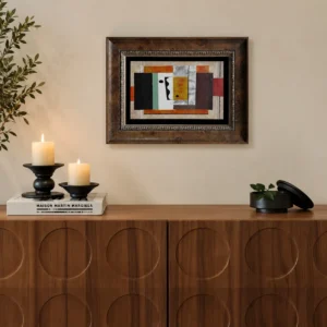 Hand Painted Geometric Wall Art in Ornate Bronze Frame — front view