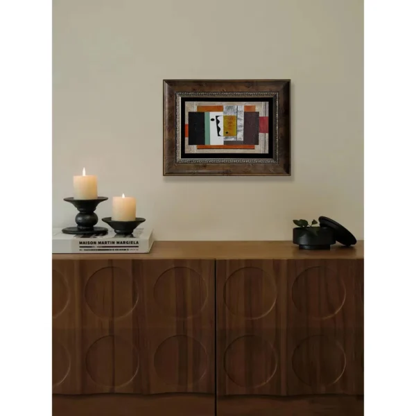 Hand Painted Geometric Wall Art in Ornate Bronze Frame — in a room setting