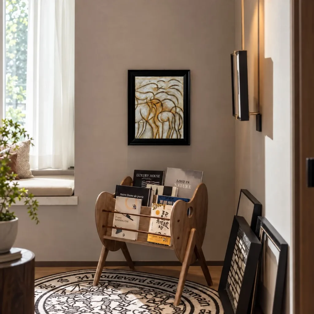 Hand Painted Gold Line Abstract Wall Art in Black Frame — front view
