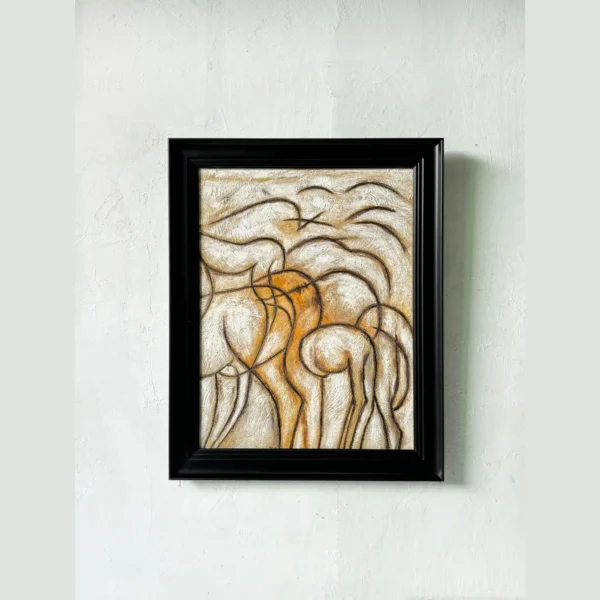 Hand Painted Gold Line Abstract Wall Art in Black Frame — in a room setting