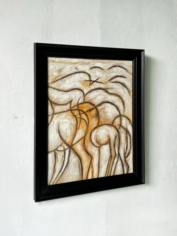 Hand Painted Gold Line Abstract Wall Art in Black Frame — in a room setting