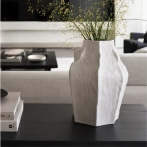 Designer Hand-Pinched Angular White Ceramic Vase, Small or in ivory — front view