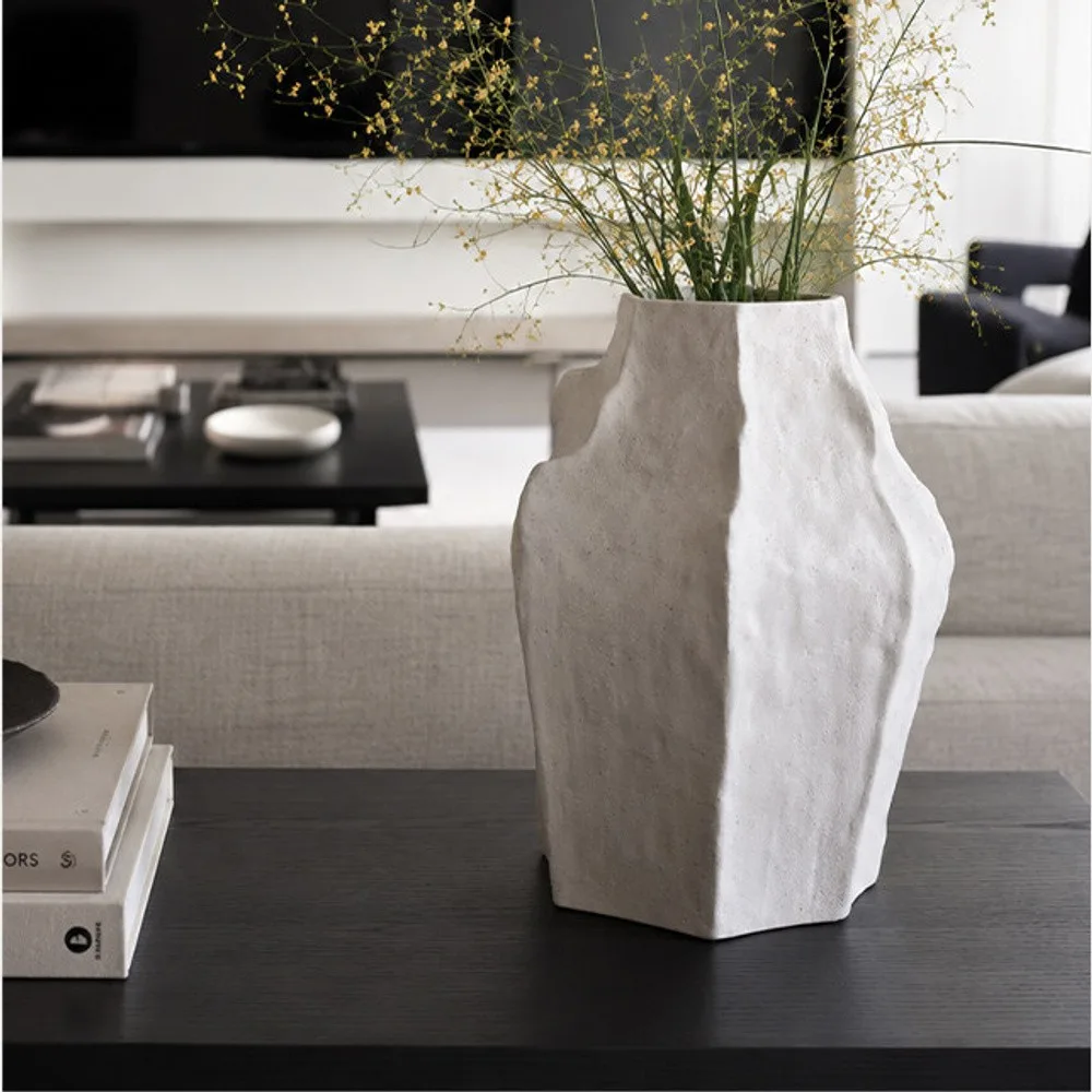 Designer Hand-Pinched Angular White Ceramic Vase, Small or in ivory — front view