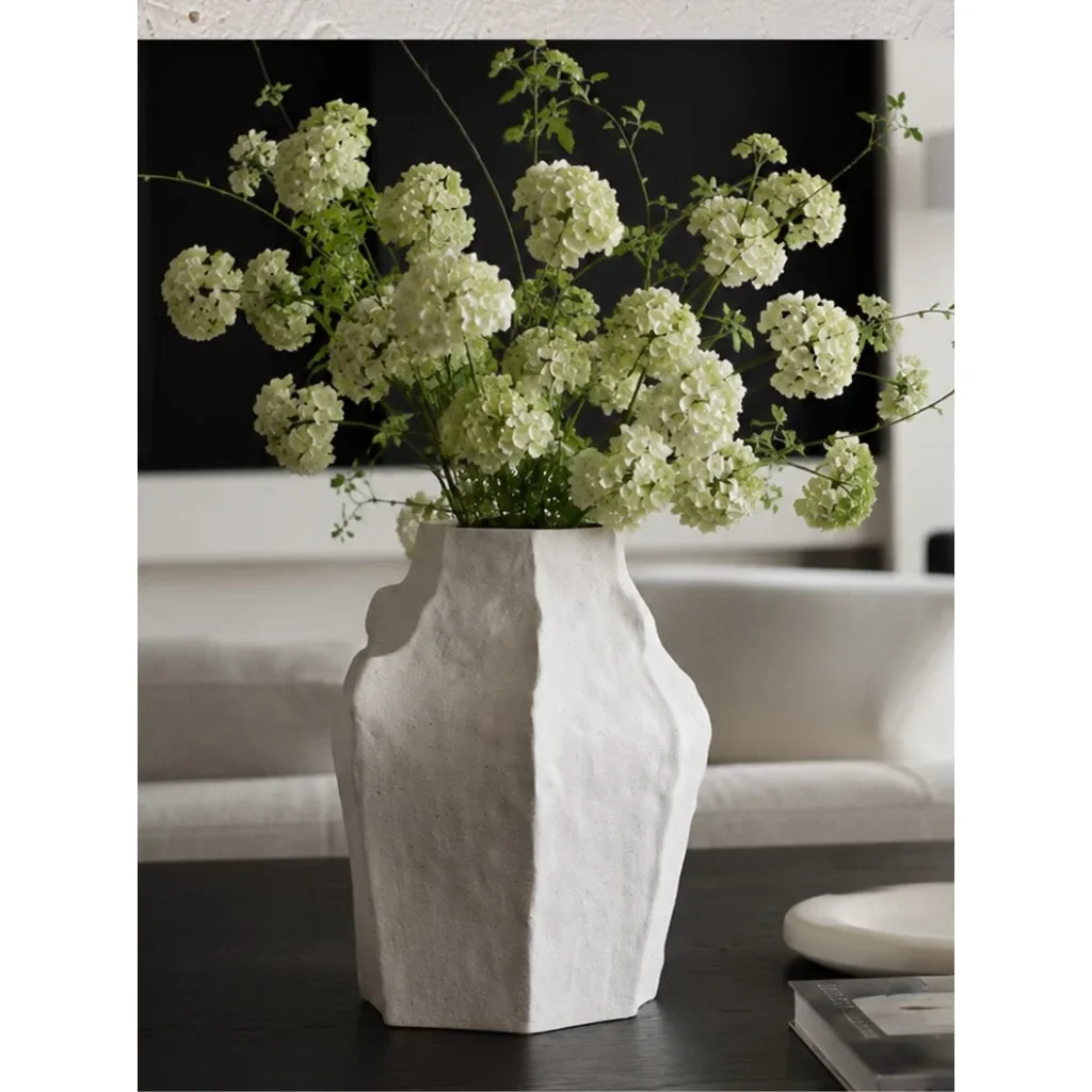 Designer Hand-Pinched Angular White Ceramic Vase, Small or in ivory — in a room setting