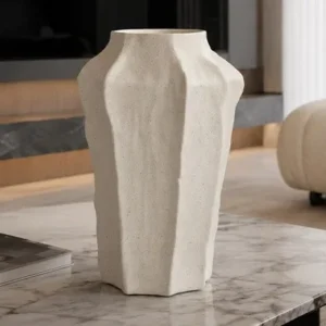 Designer Hand-Pinched Angular White Ceramic Vase, Small or in ivory — in a room setting