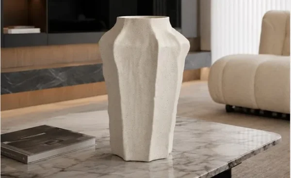 Designer Hand-Pinched Angular White Ceramic Vase, Small or in ivory — in a room setting
