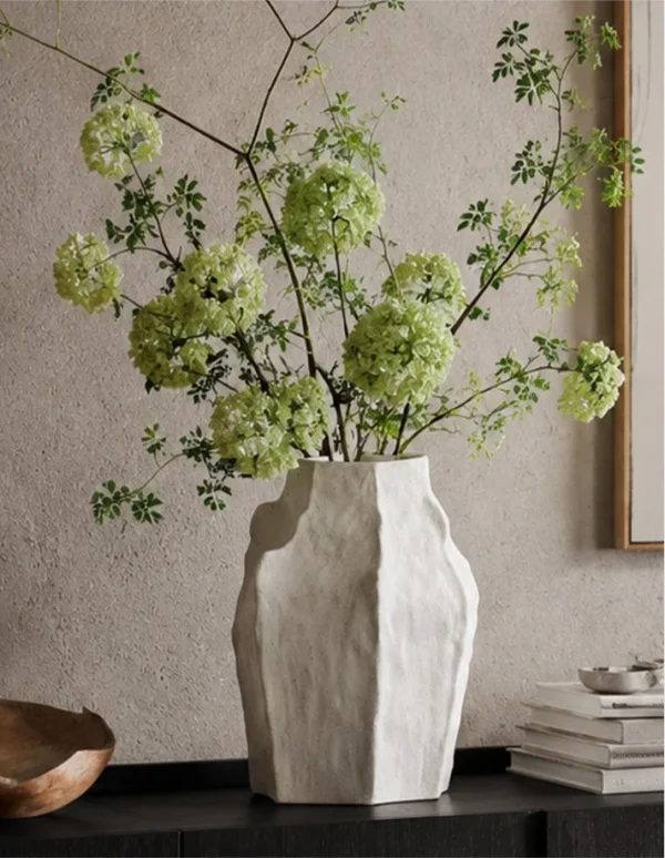 Designer Hand-Pinched Angular White Ceramic Vase, Small or in ivory — in a room setting