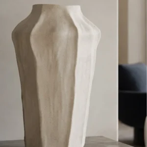 Designer Hand-Pinched Angular White Ceramic Vase, Small or in ivory — in a room setting