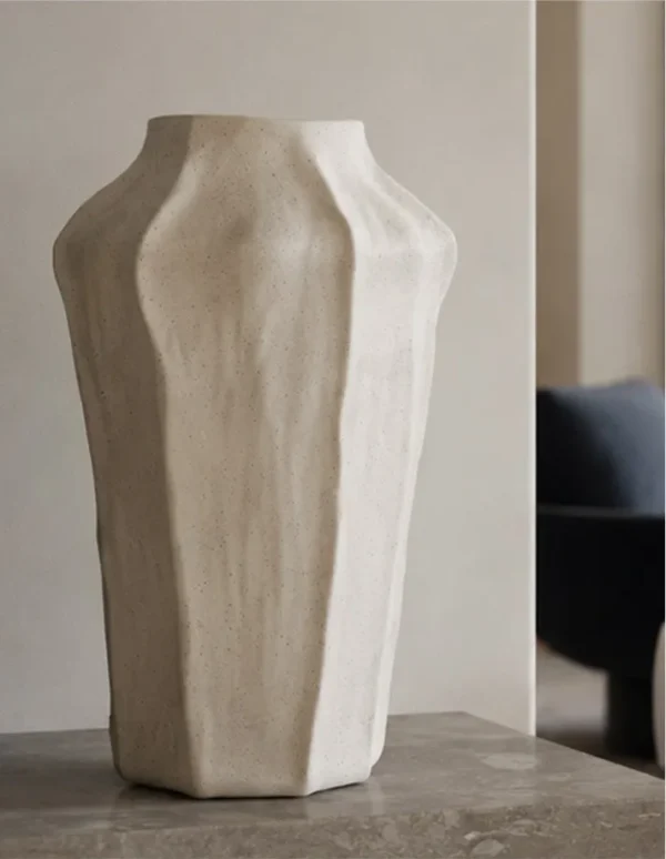 Designer Hand-Pinched Angular White Ceramic Vase, Small or in ivory — in a room setting