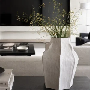 Designer Hand-Pinched Angular White Ceramic Vase, Small or in ivory — in a room setting