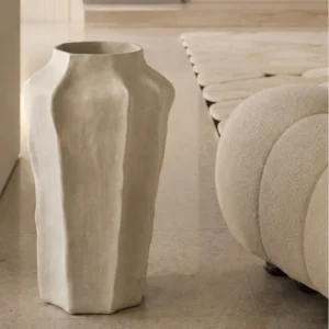 Designer Hand-Pinched Angular White Ceramic Vase, Small or in ivory — in a room setting