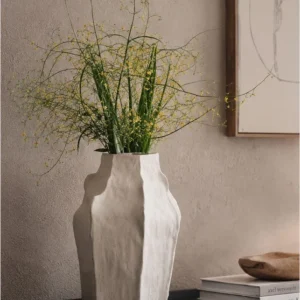 Designer Hand-Pinched Angular White Ceramic Vase, Small or in ivory — in a room setting