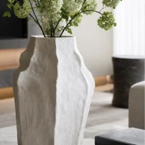 Designer Hand-Pinched Angular White Ceramic Vase, Small or in ivory — in a room setting