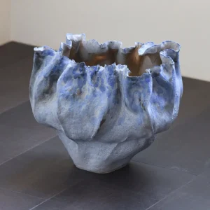 Hand-Pinched Pleated Blue-Grey Stoneware Vase in blue — front view