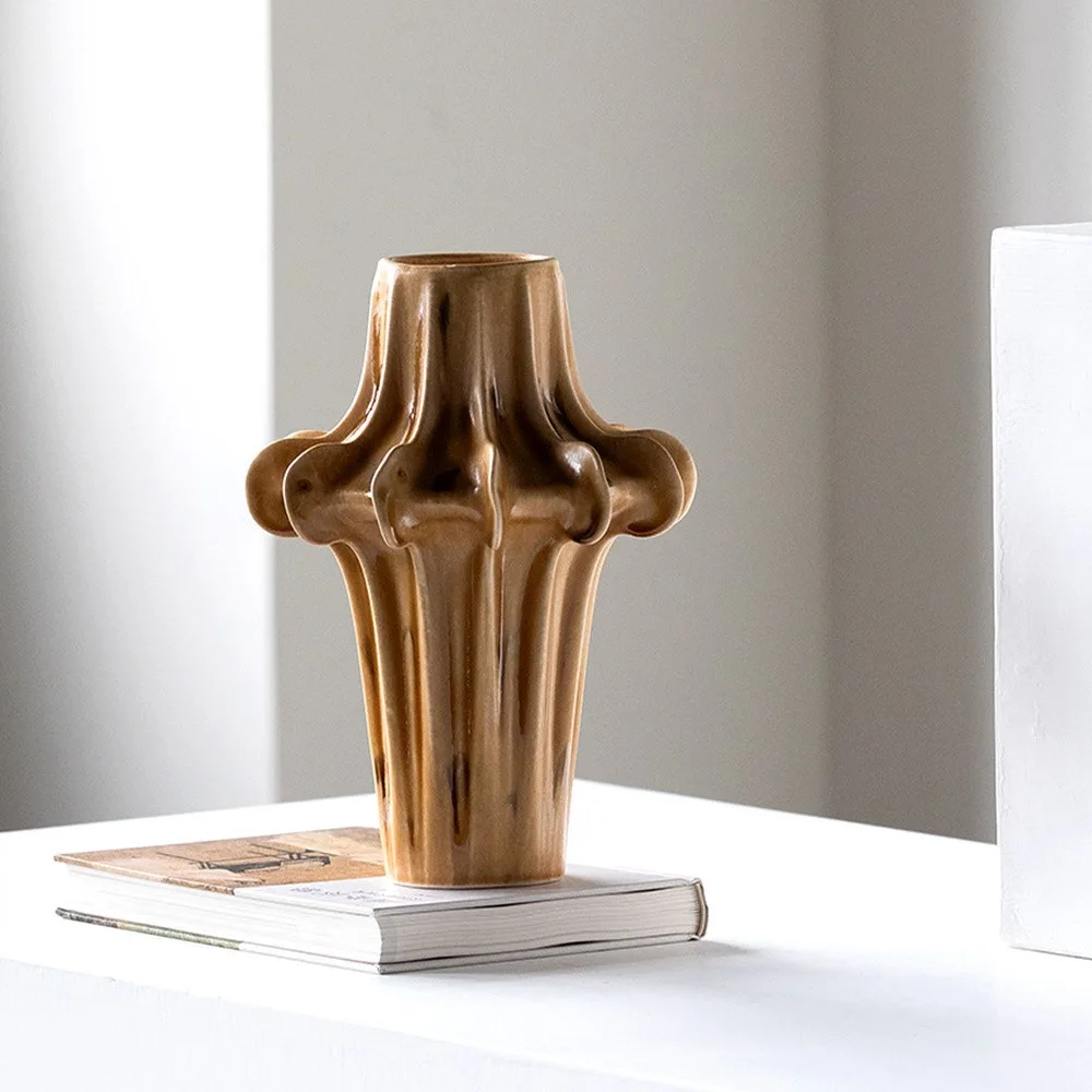 Hand-Sculpted Four-Lobed Stoneware Vase in Caramel Glaze — front view