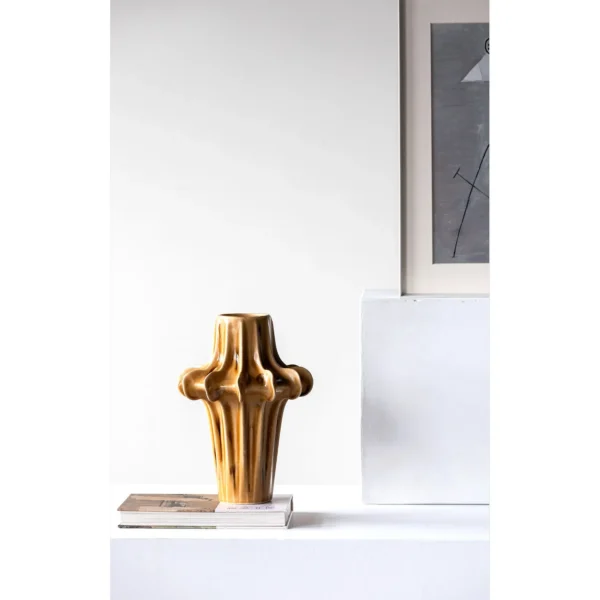Hand-Sculpted Four-Lobed Stoneware Vase in Caramel Glaze — in a room setting