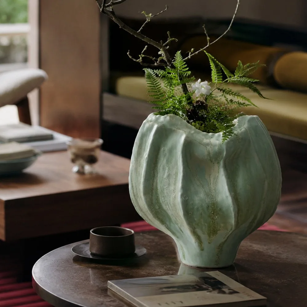 Hand-Sculpted Multi-Edged Stoneware Vase in Celadon Green — front view