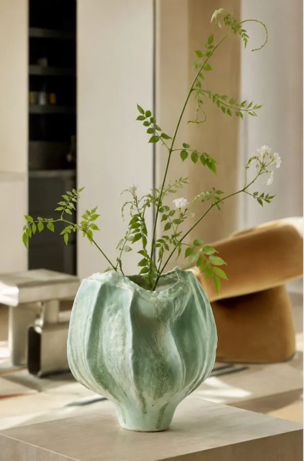 Hand-Sculpted Multi-Edged Stoneware Vase in Celadon Green — in a room setting
