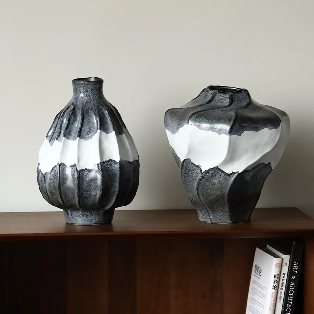 Hand-Thrown Ink Mountain Ceramic Vases in Black and White — front view