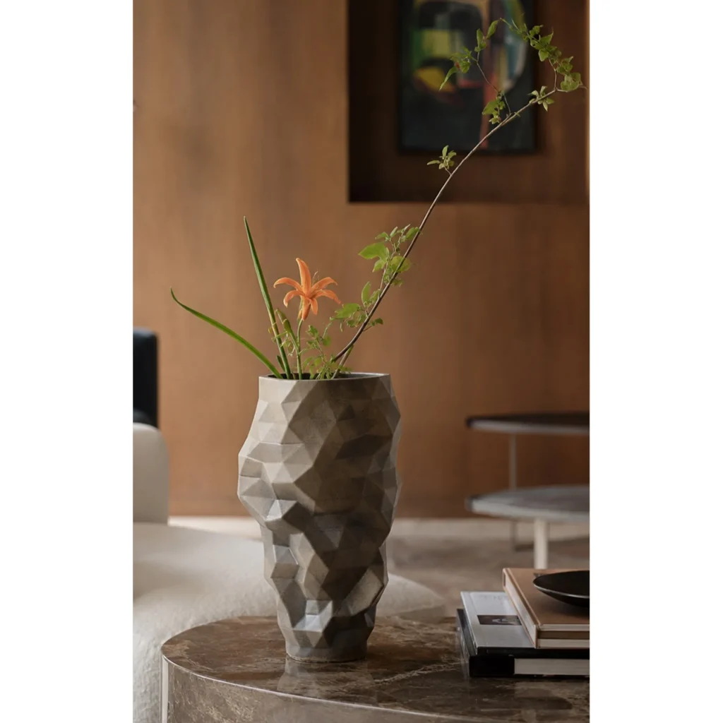Faceted Origami Ceramic Vase in Silver-Grey, Small or Large — in a room setting