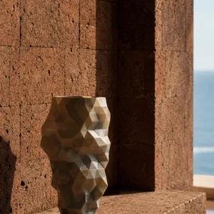 Faceted Origami Ceramic Vase in Silver-Grey, Small or Large — in a room setting