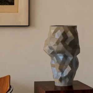 Faceted Origami Ceramic Vase in Silver-Grey, Small or Large — in a room setting