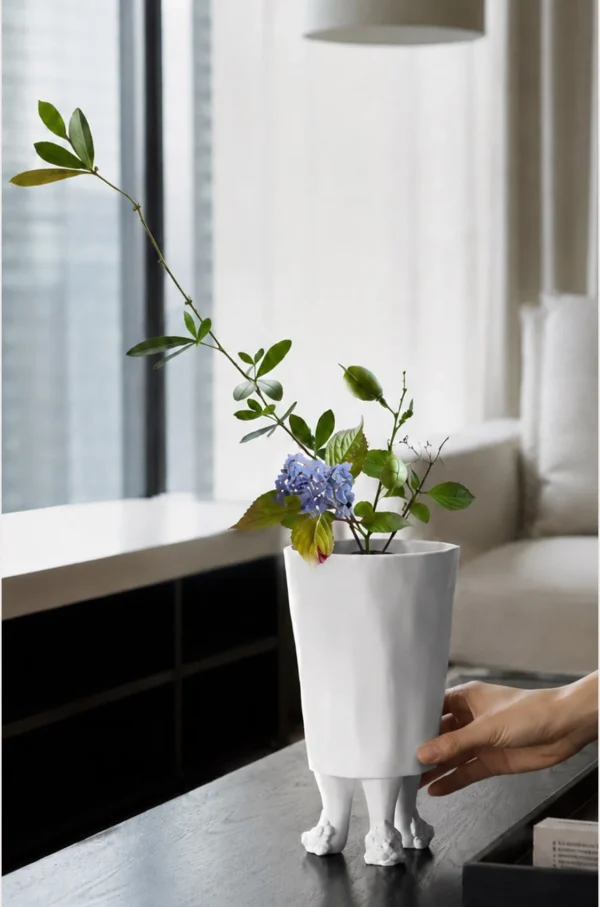 Hand-Made Standing Figure Sculpture Vase in Matte White — in a room setting