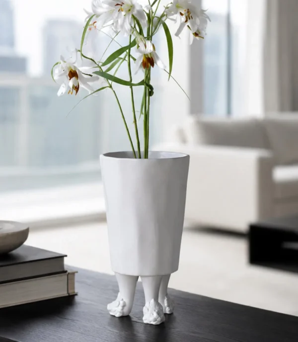 Hand-Made Standing Figure Sculpture Vase in Matte White — in a room setting