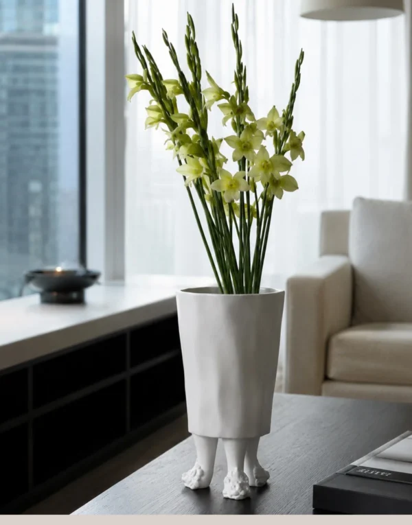Hand-Made Standing Figure Sculpture Vase in Matte White — in a room setting