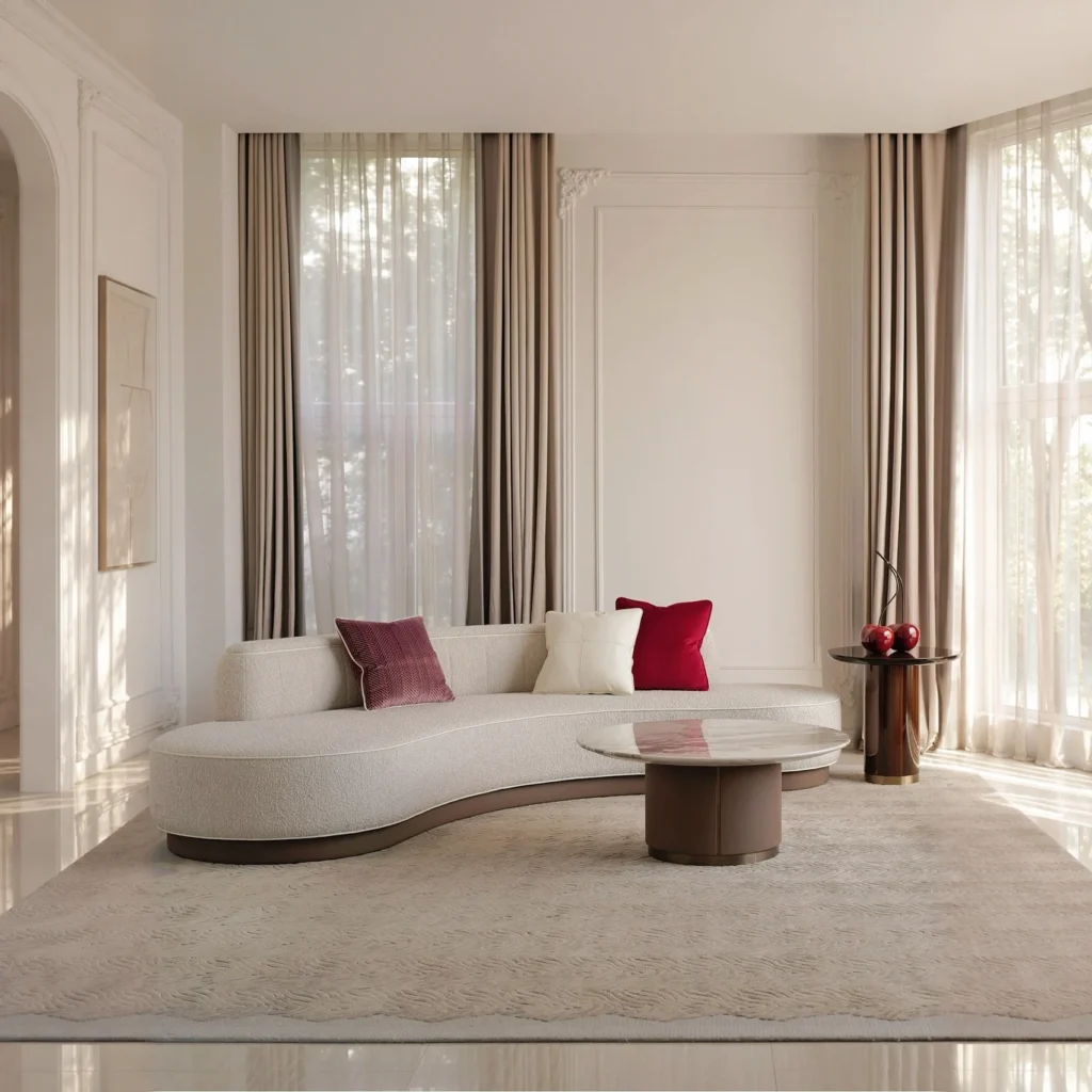 Handmade Curved Sofa in performance fabric — front view