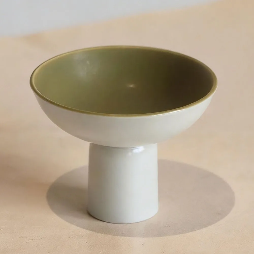 Hand-Made Footed Ceramic Dish in Pale Moss Green — front view