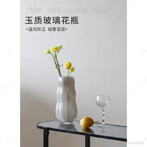Designer Jade-Effect Rippled Glass Vase in oatmeal — in a room setting