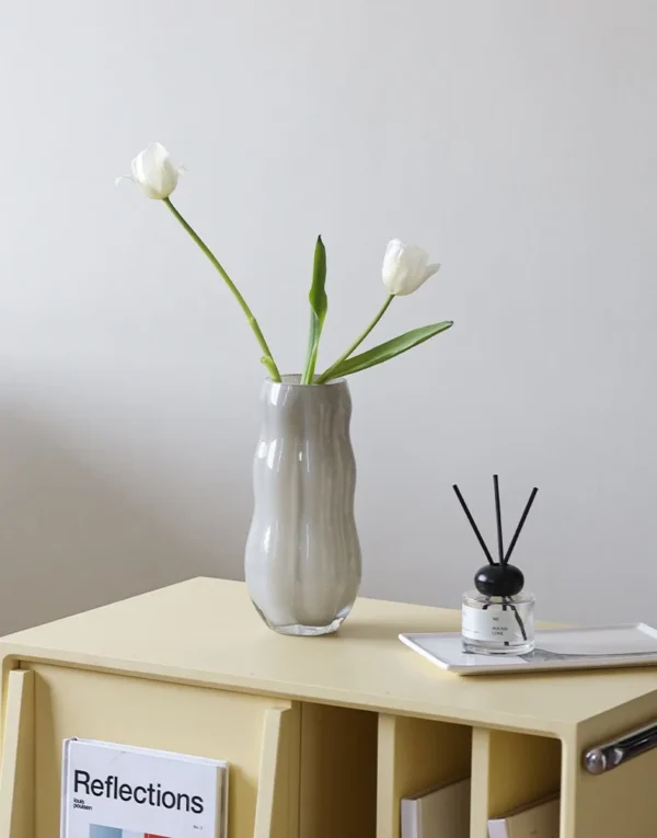 Designer Jade-Effect Rippled Glass Vase in oatmeal — in a room setting
