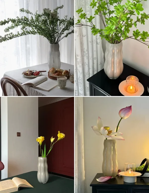 Designer Jade-Effect Rippled Glass Vase in oatmeal — in a room setting