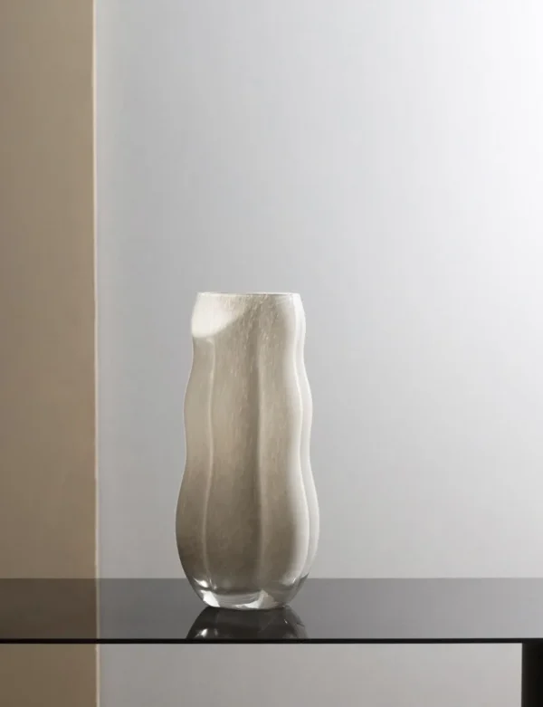 Designer Jade-Effect Rippled Glass Vase in oatmeal — in a room setting