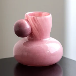Hand-Made Pink Glass Vase with Sphere Accent, Three Colours in rose stone — front view