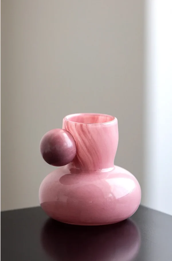 Hand-Made Pink Glass Vase with Sphere Accent, Three Colours in rose stone — in a room setting