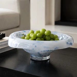 Hand-Made Blue Mist Glass Fruit Bowl on Pedestal Foot in ivory — front view