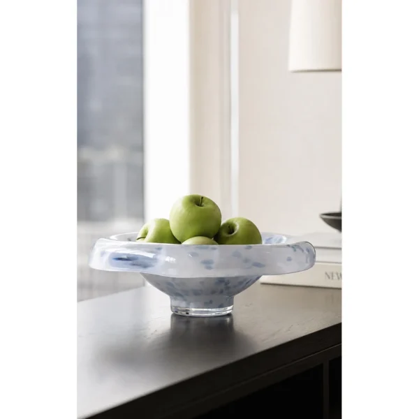 Hand-Made Blue Mist Glass Fruit Bowl on Pedestal Foot in ivory — in a room setting